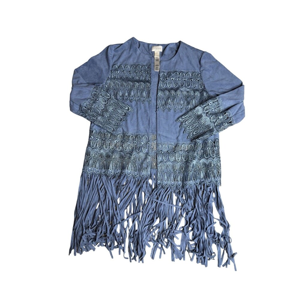 Chicos 1 Womens Open Lace And Fringe Steel Blue Faux Suede Cardigan